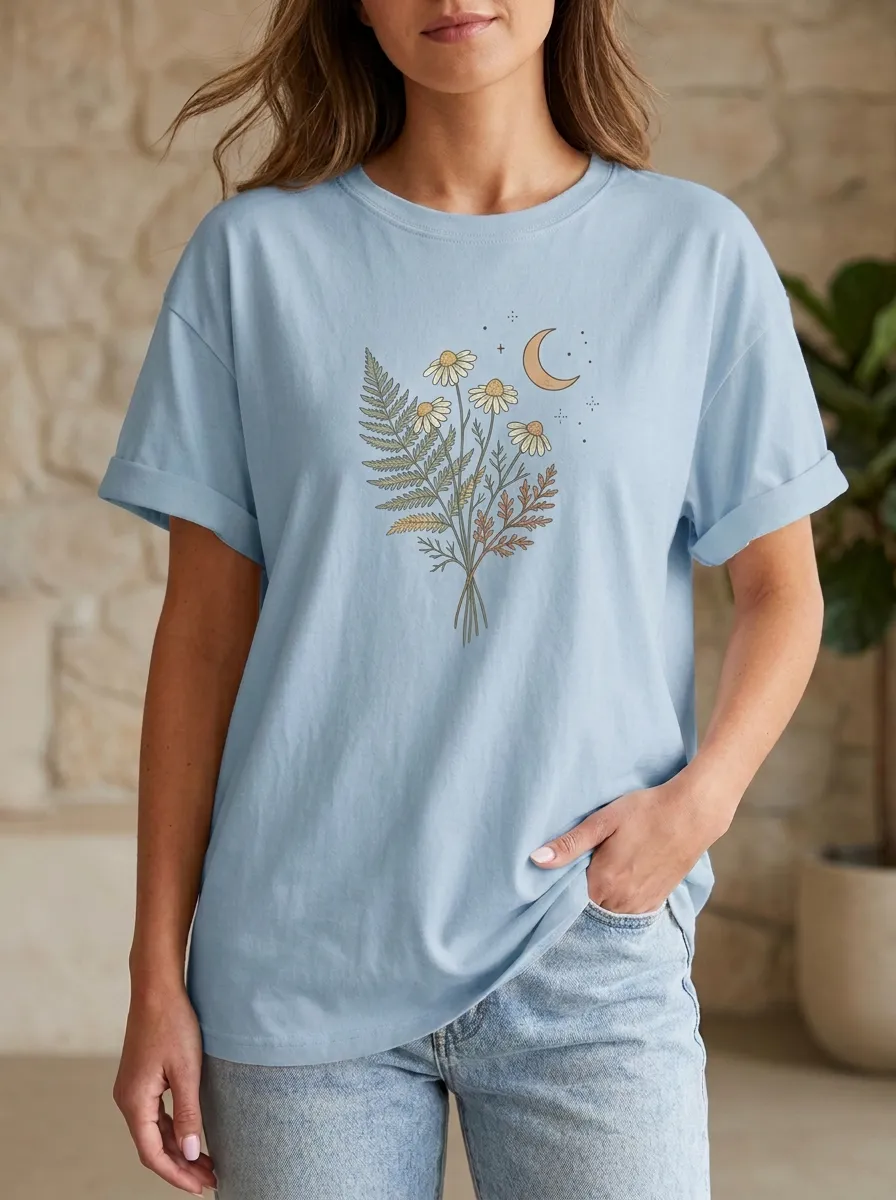 Women's Celestial Botanical Moon Daisy Fern Printed T-shirt