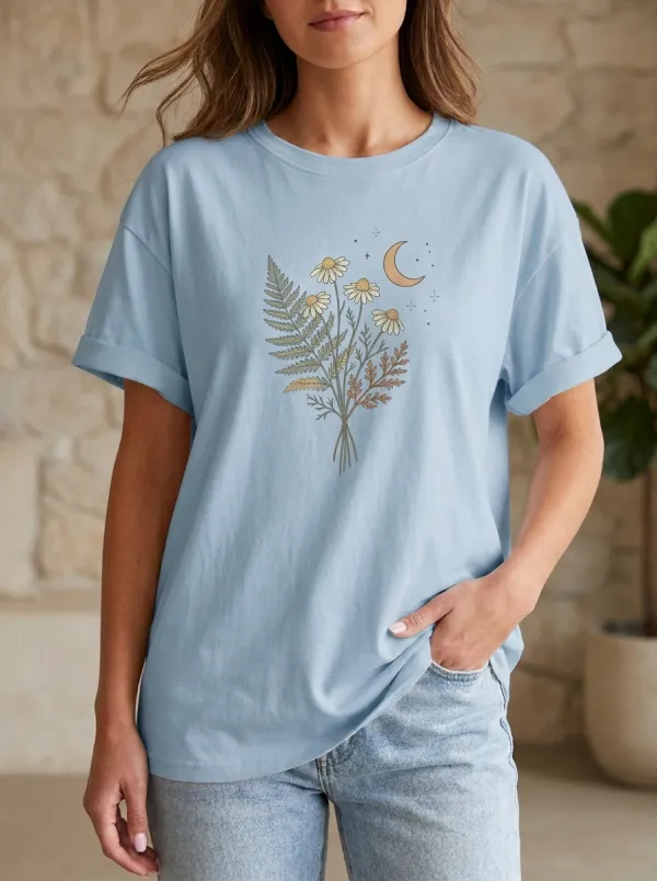 Women's Celestial Botanical Moon Daisy Fern Printed T-shirt