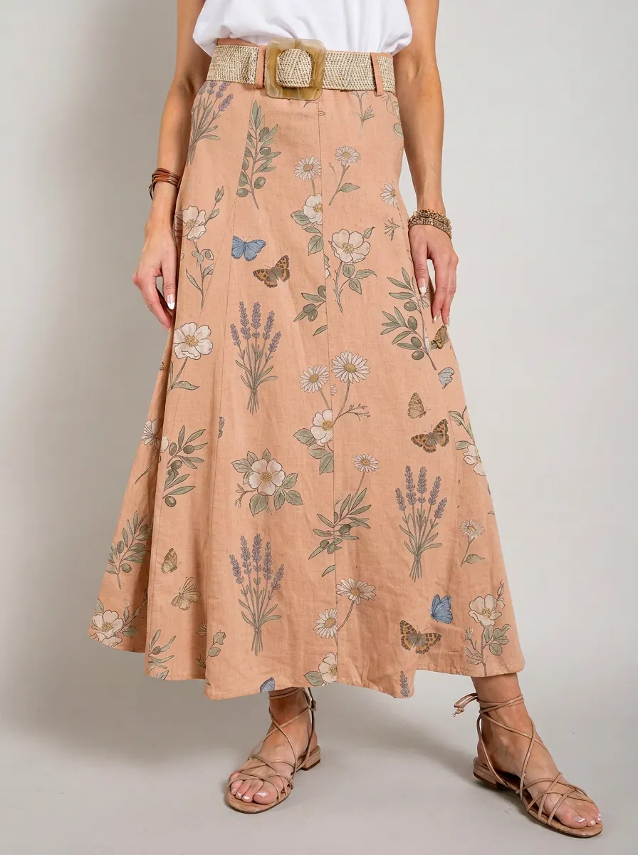 Women's A-Line Botanical Butterfly Floral Printed Maxi Skirt
