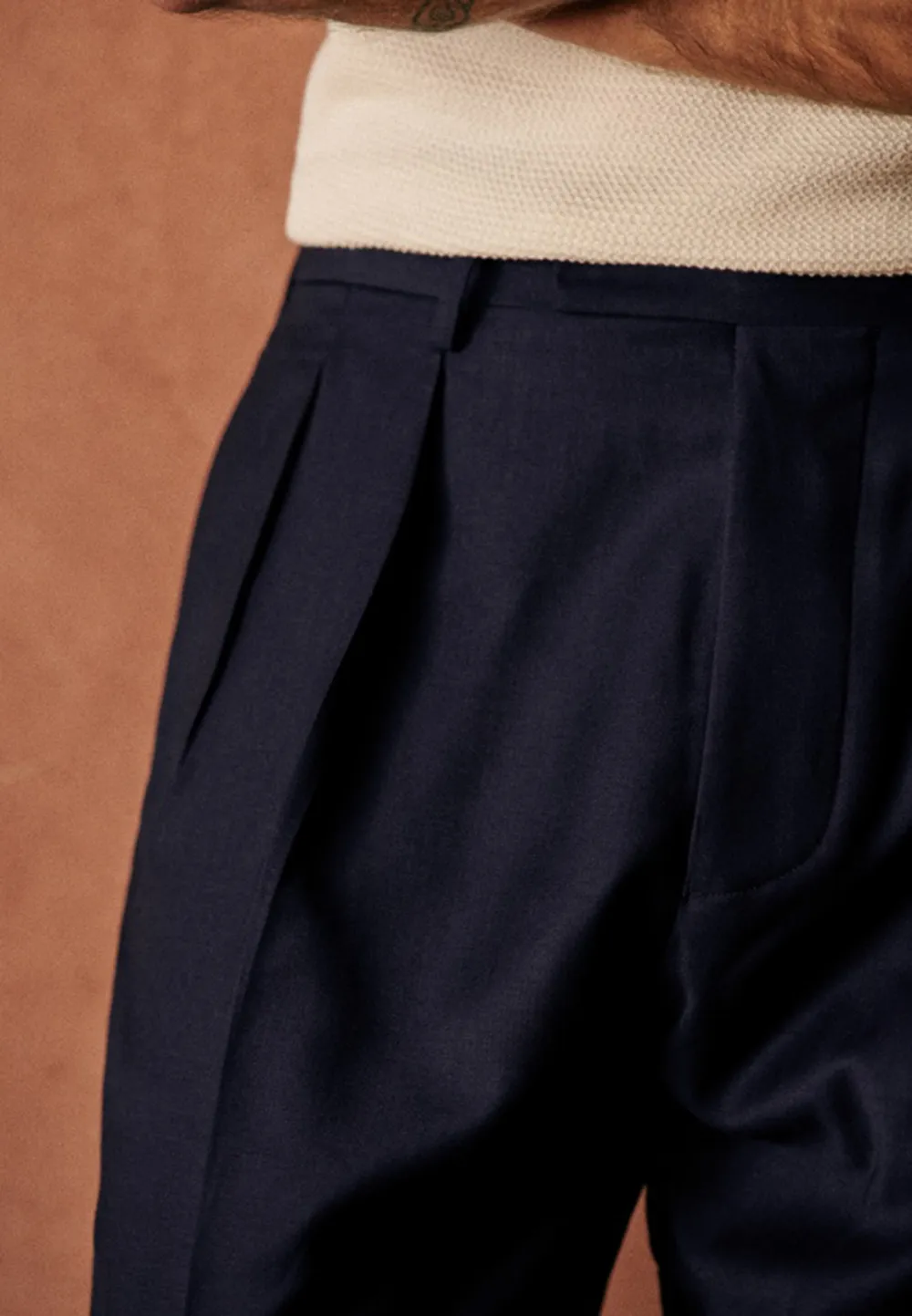 Navy Pleated High Waist Straight Leg Trousers