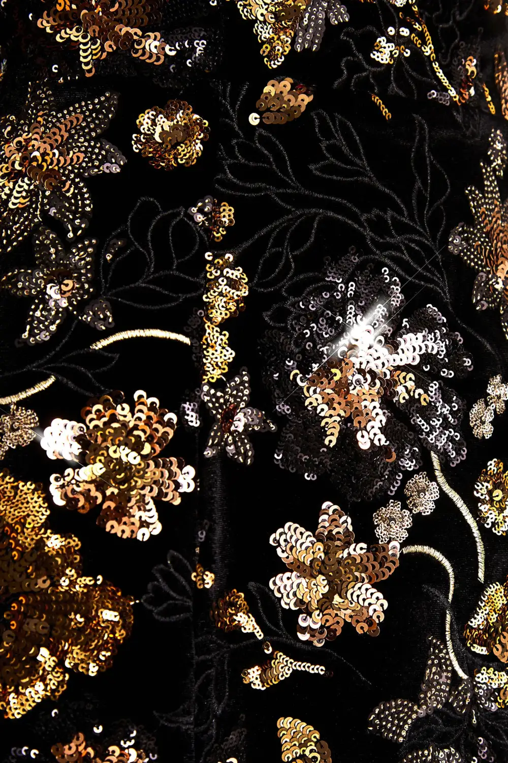 Valeri | Black Velvet Bandeau Mini Dress With Bronze Floral Sequin