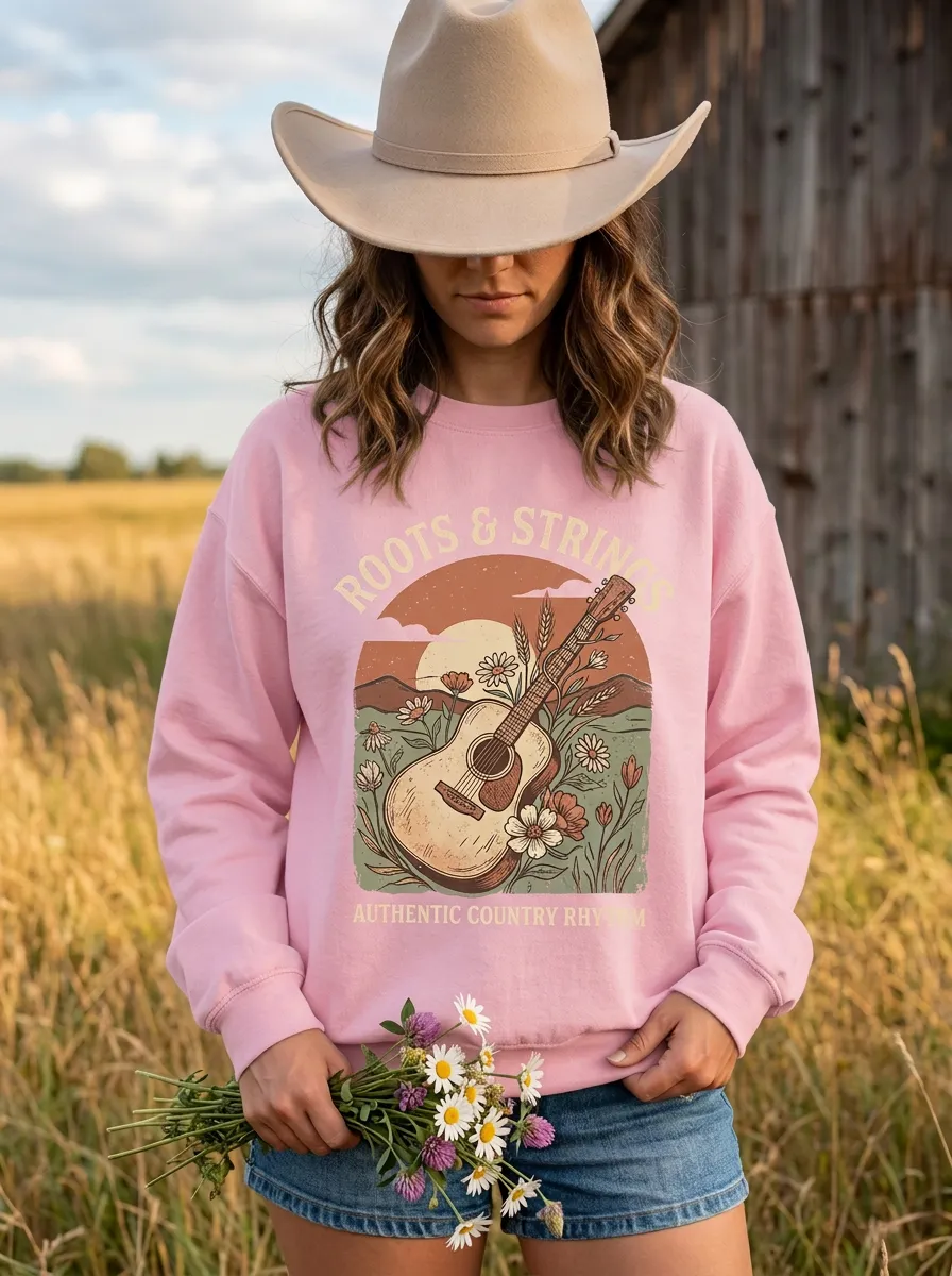 Western Music Guitar Floral Country Graphic Crewneck Sweatshirt