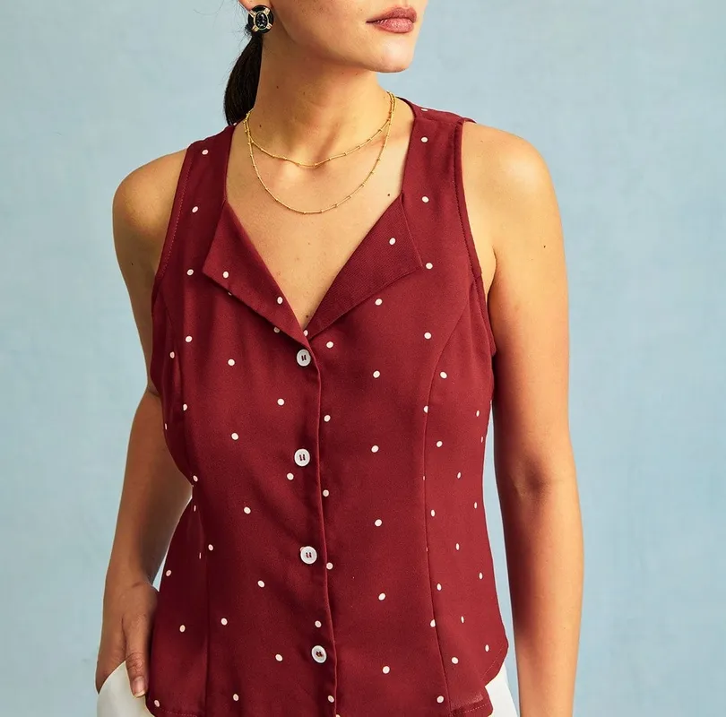 Red V Neck Polka Dot Print Sleeveless Vest