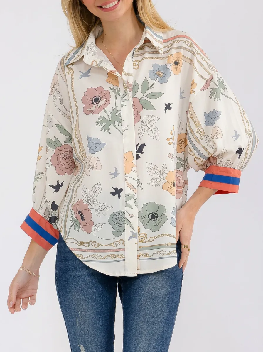 Women's Floral Bird Chain Print Contrast Cuff Button-Down Shirt