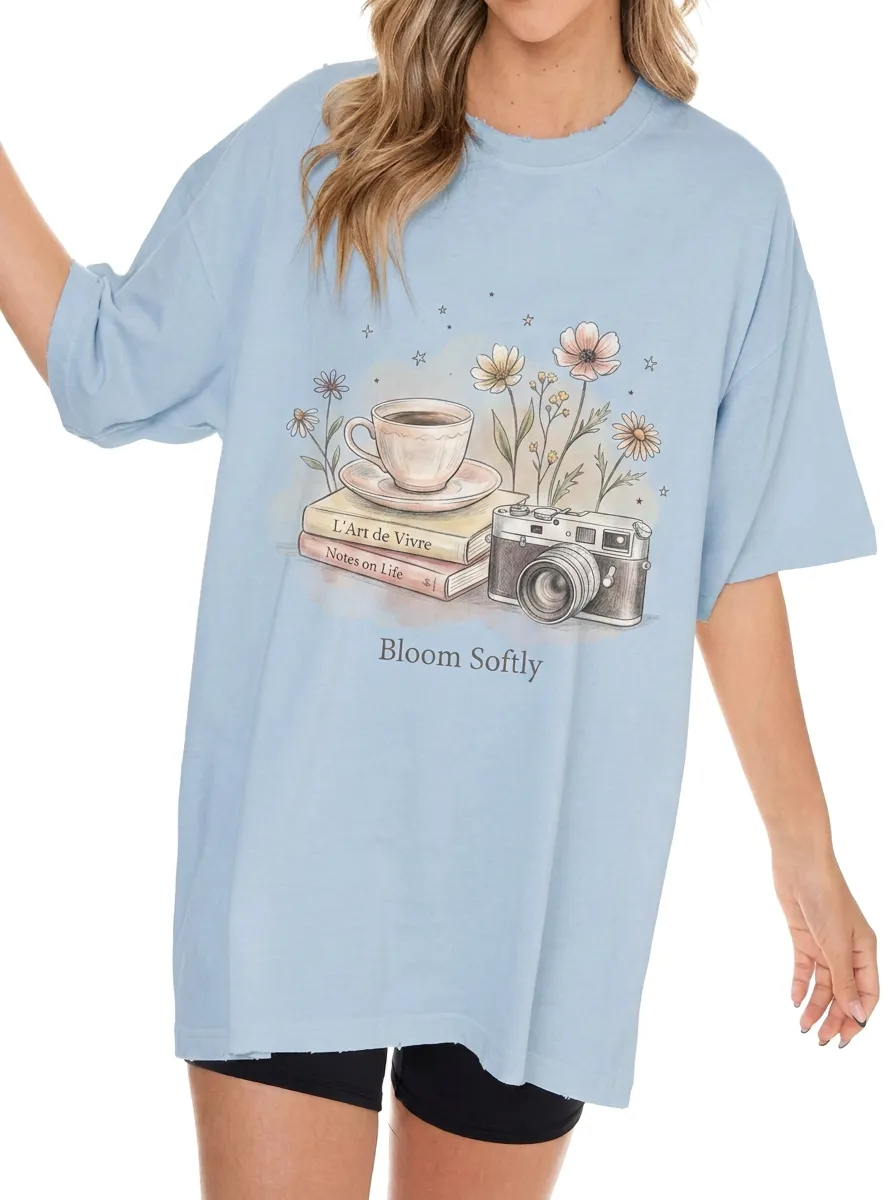 Women's Coffee Book Camera Floral Bloom Softly Printed T-shirt