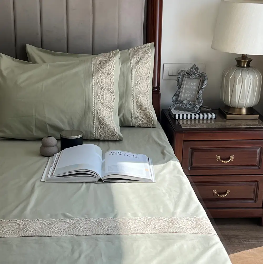 Forest Green Cotton Embroidered Lace Bed Sheet Set