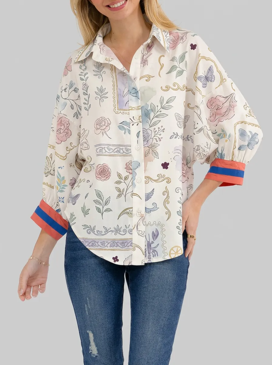 Women's Vintage Floral Butterfly Printed Button-Down Shirt