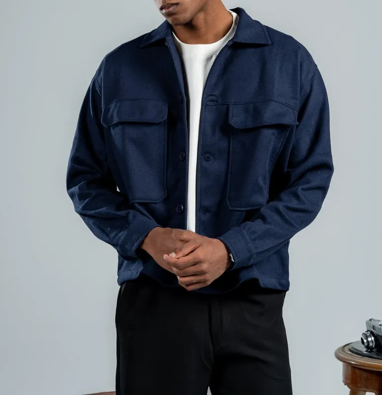 Navy Blue Wool Blend Short Coat