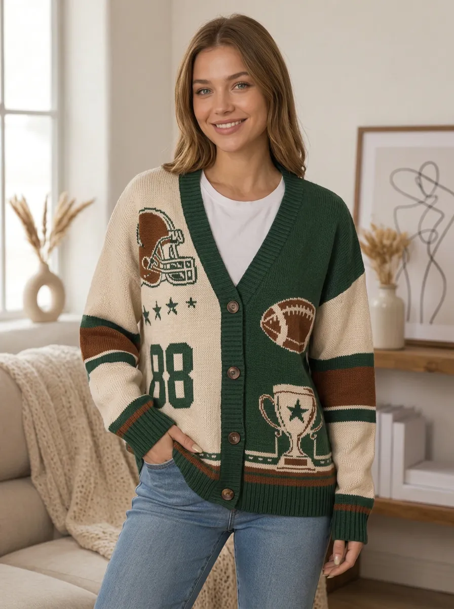 Women's Football Cream and Green Graphic Knit Cardigan