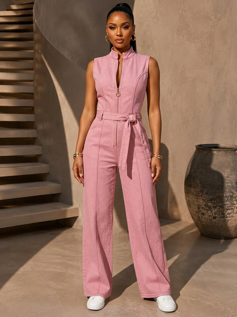 Pink Modern Sleeveless Zip-Front Denim Jumpsuit