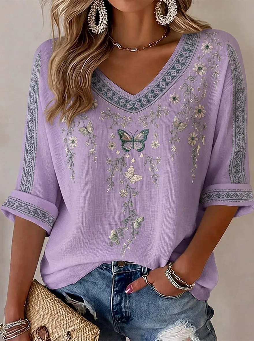 Women's Floral Butterfly Bohemian Printed Short Sleeve T-shirt