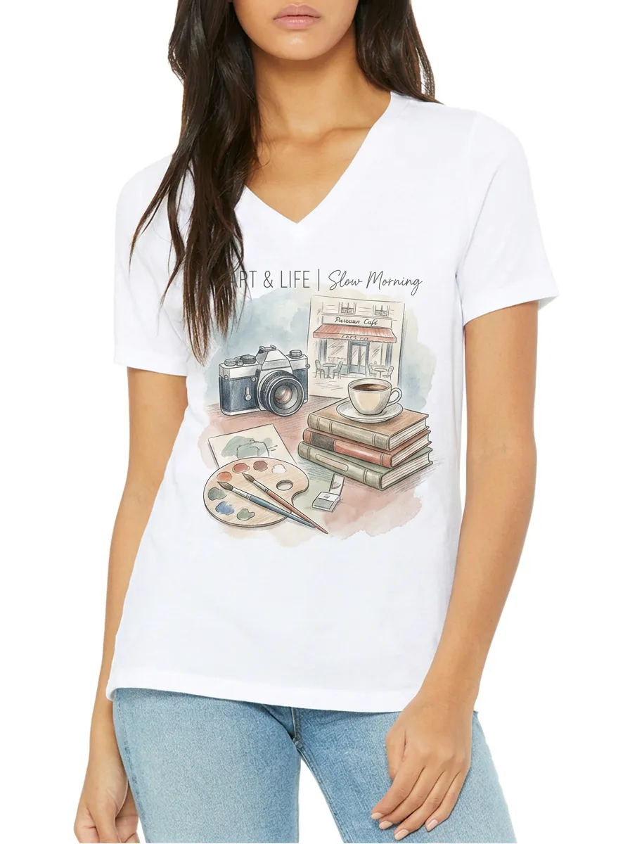 Women's Art Life Coffee Camera Books Watercolor Printed V-neck T-shirt
