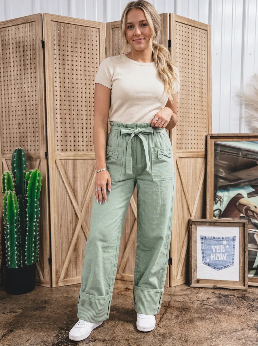Women's Sage Green Polka Dot Bow Pocket Printed Trousers