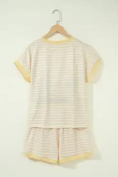 Drawstring Elastic-Waist Pocketed Striped Two-Piece Tee and Shorts Set