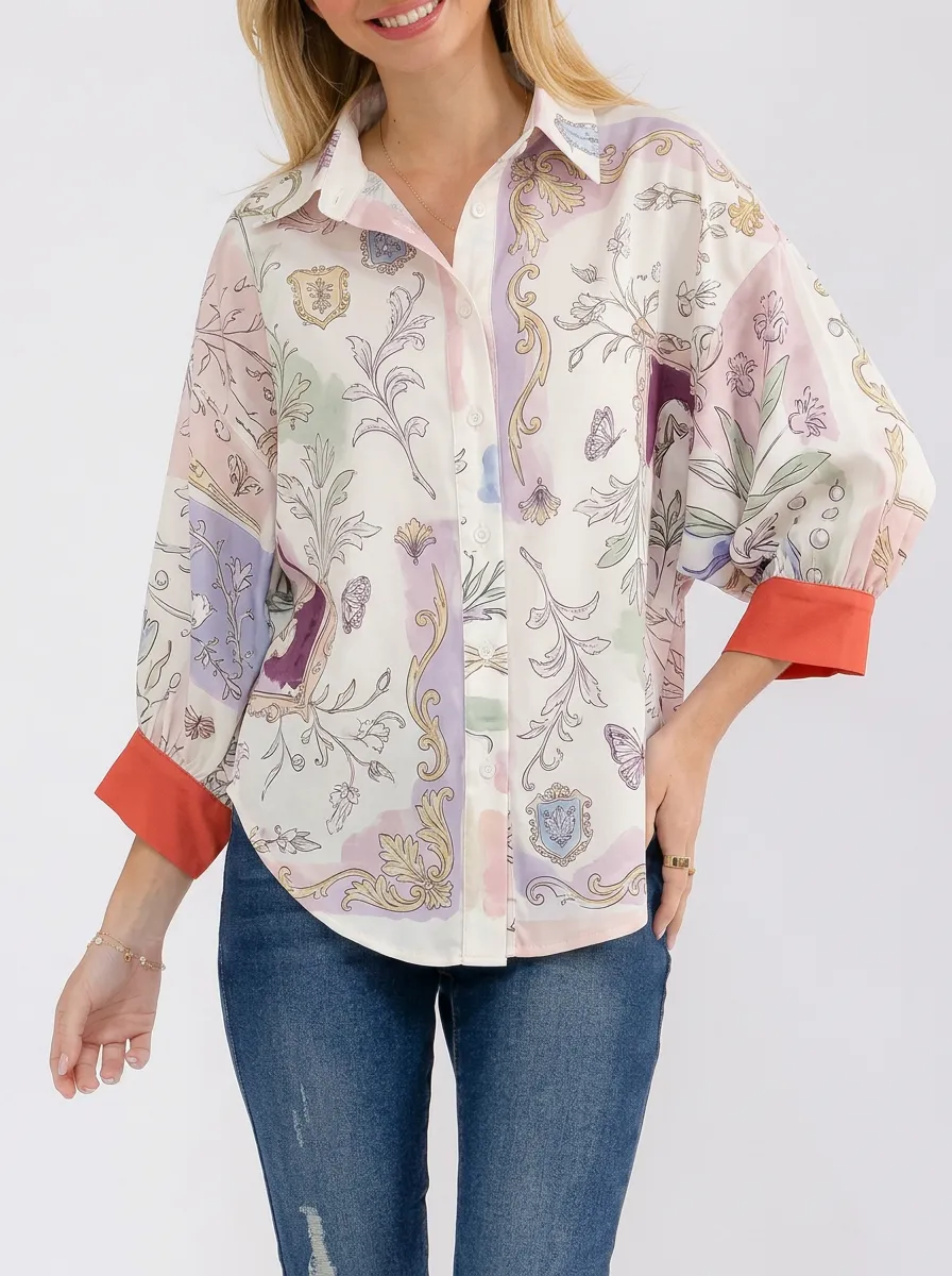 Women's Baroque Floral Butterfly Printed Button-up Shirt