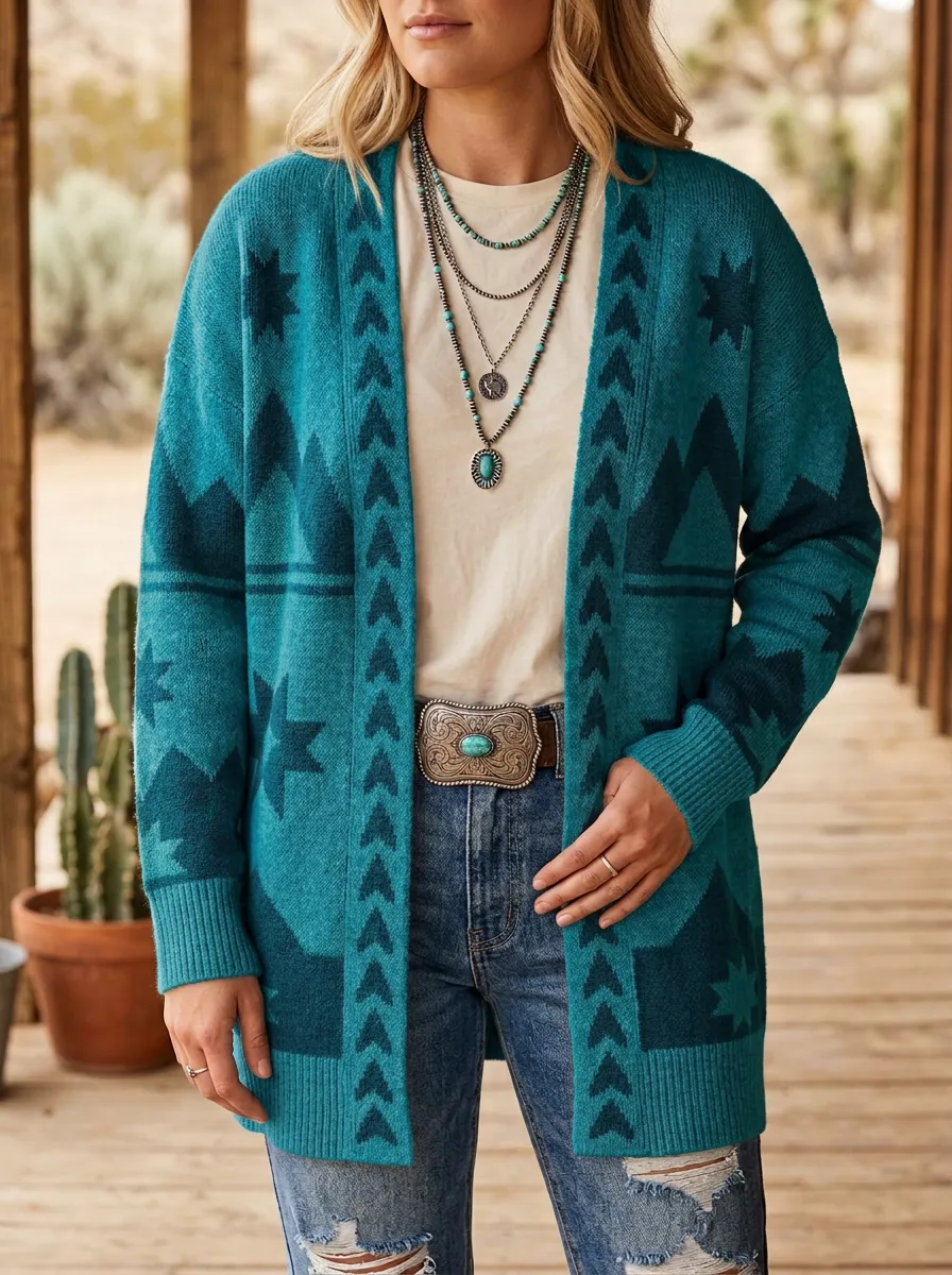Women's Western Style Geometric Star Pattern Knitted Cardigan