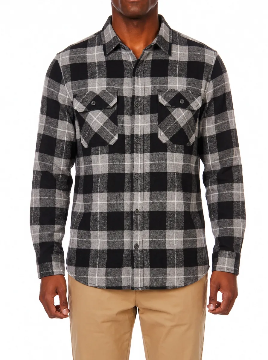 Men's Casual Black Grey Plaid Pattern Printed Flannel Shirt