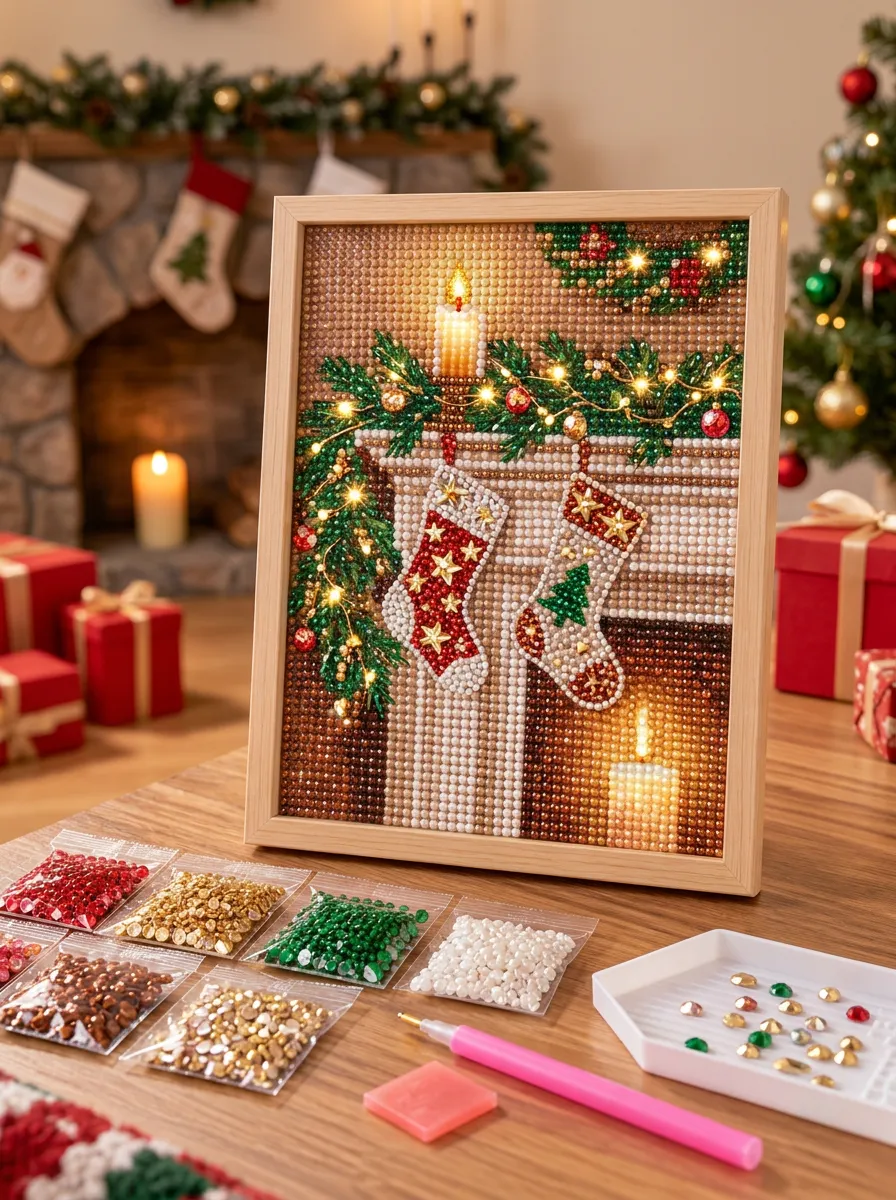 Fireplace Stocking Lighted Christmas DIY Diamond Painting Kit