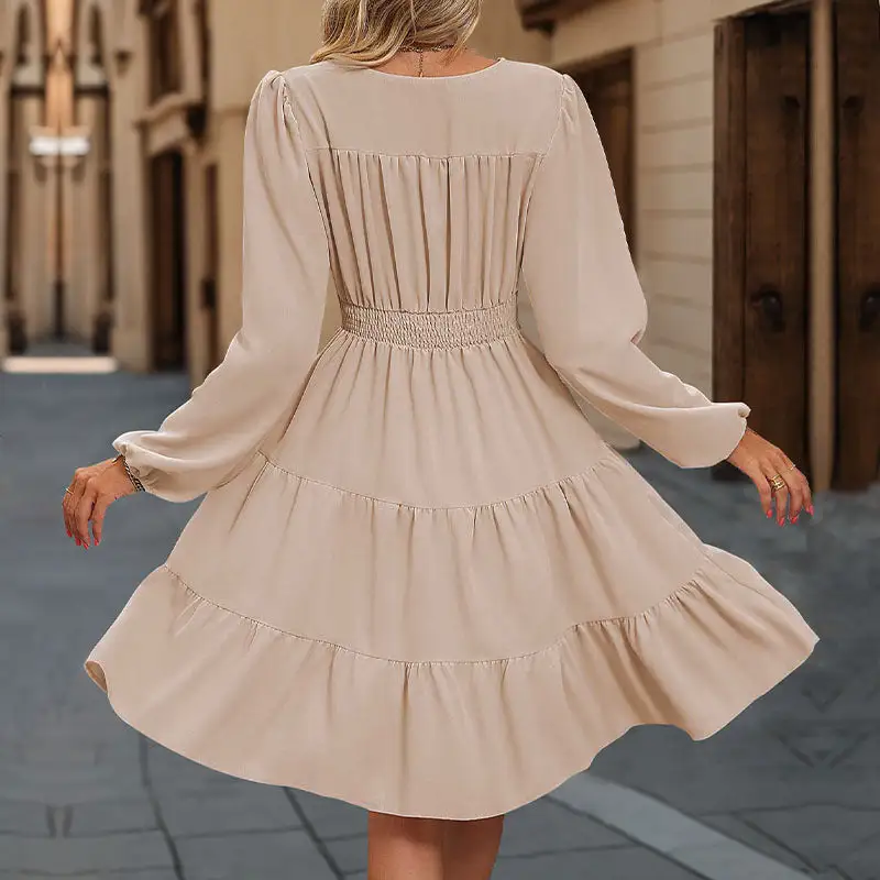 Women's V-Neck Long-Sleeve Ruffled Dress
