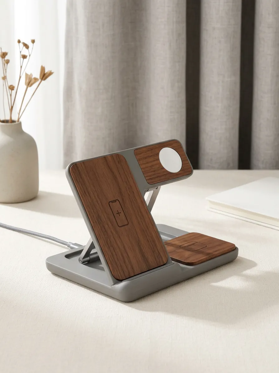 Tech Enthusiast Minimalist Wood Grain Printed 3-in-1 Charger