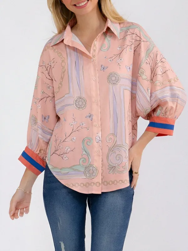 Women's Vintage Floral Chain Butterfly Printed Button-Up Shirt
