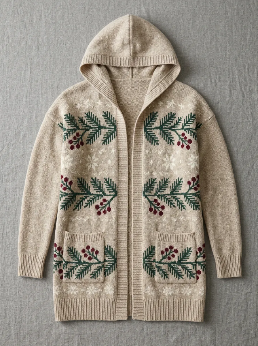 Christmas Pine Berry Snowflake Pattern Print Hooded Cardigan