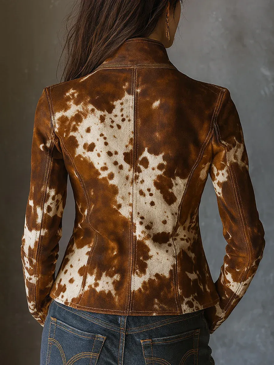 Cow-Print Slim-Fit Vintage Jacket