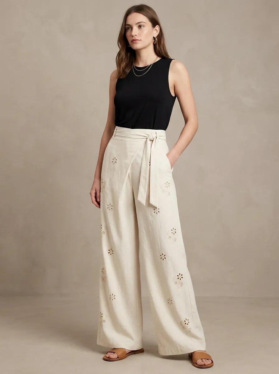 Women's Casual Summer Floral Eyelet Embroidered Linen Wide Leg Pants