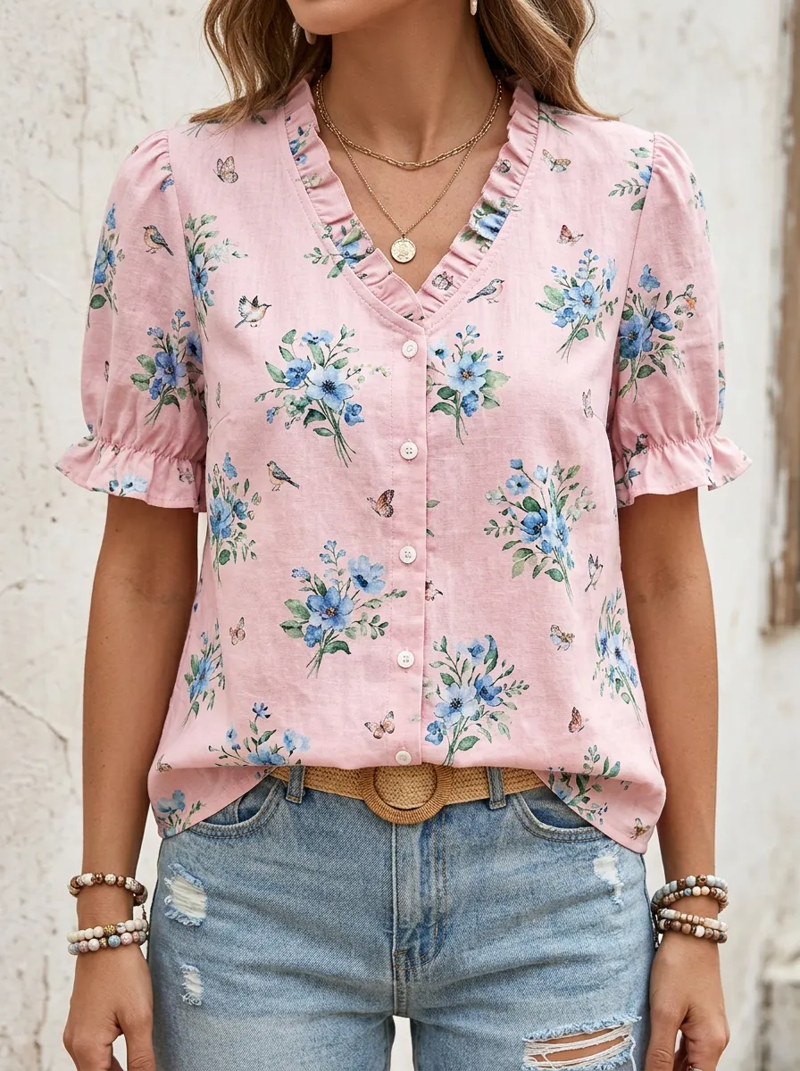 Bird Butterfly V-Neck Women's Loose Printed Blouse