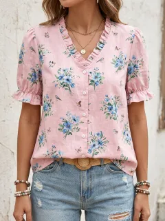 Bird Butterfly V-Neck Women's Loose Printed Blouse