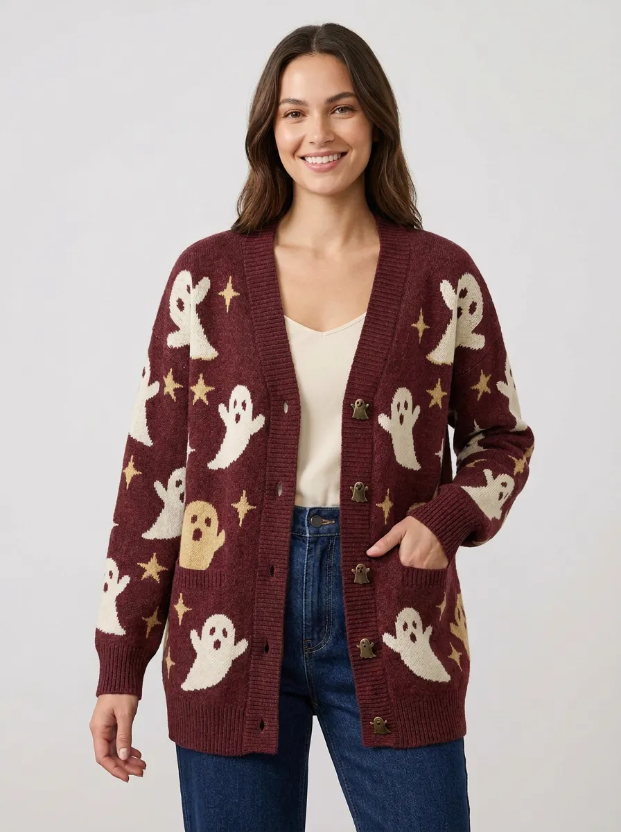 Women's Halloween Spooky Ghost Star Pattern Knitted Cardigan