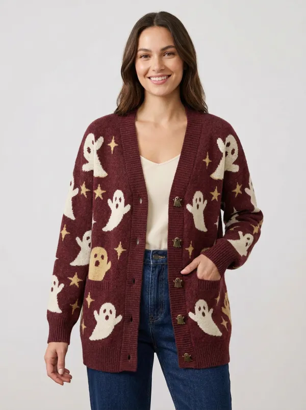 Women's Halloween Spooky Ghost Star Pattern Knitted Cardigan
