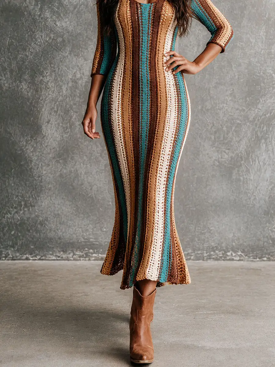 Boho Color Block Vertical Stripe Hollow Knit Mermaid Hem Maxi Dress