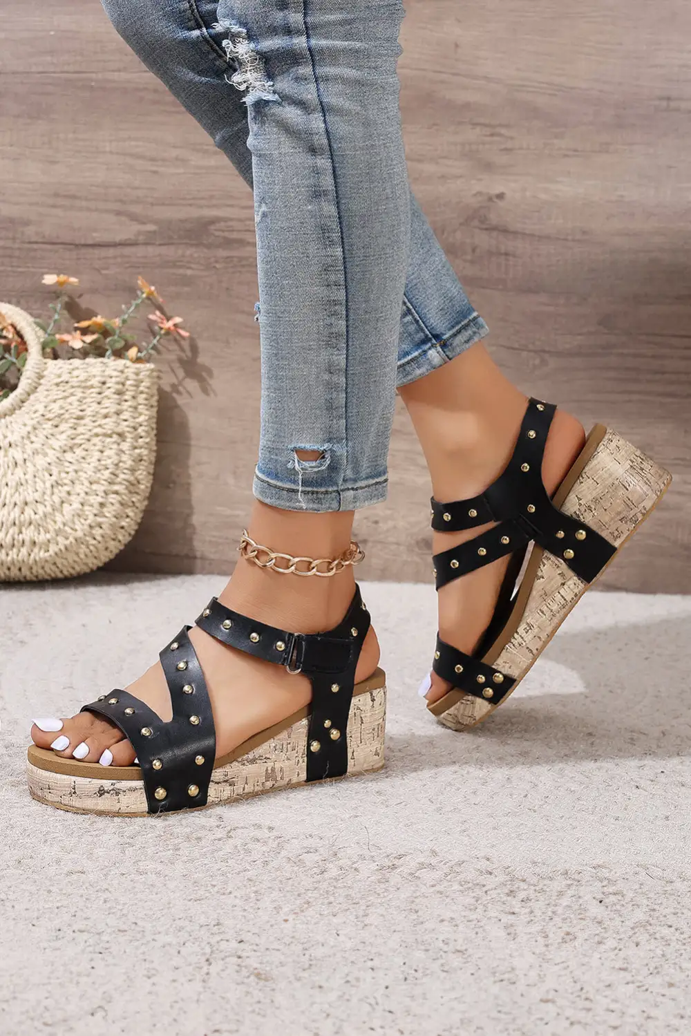 Cutout Leather Wedge Sandals
