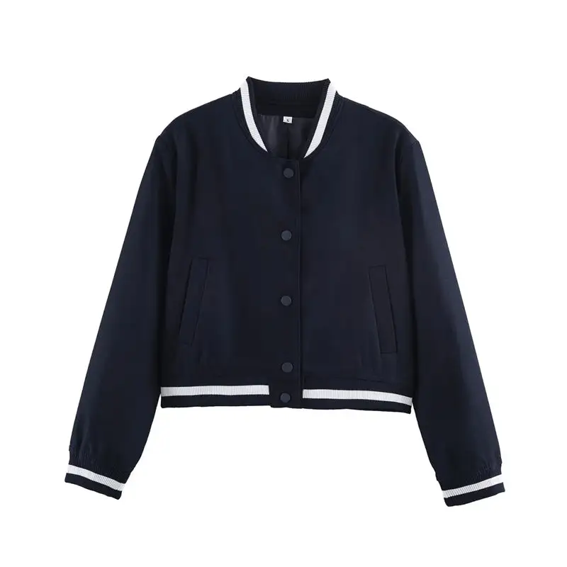 Varsity Cropped Snap Front Ribbed Trim Bomber Jacket