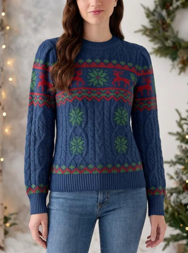 Christmas Holiday Reindeer Snowflake Pattern Print Sweater