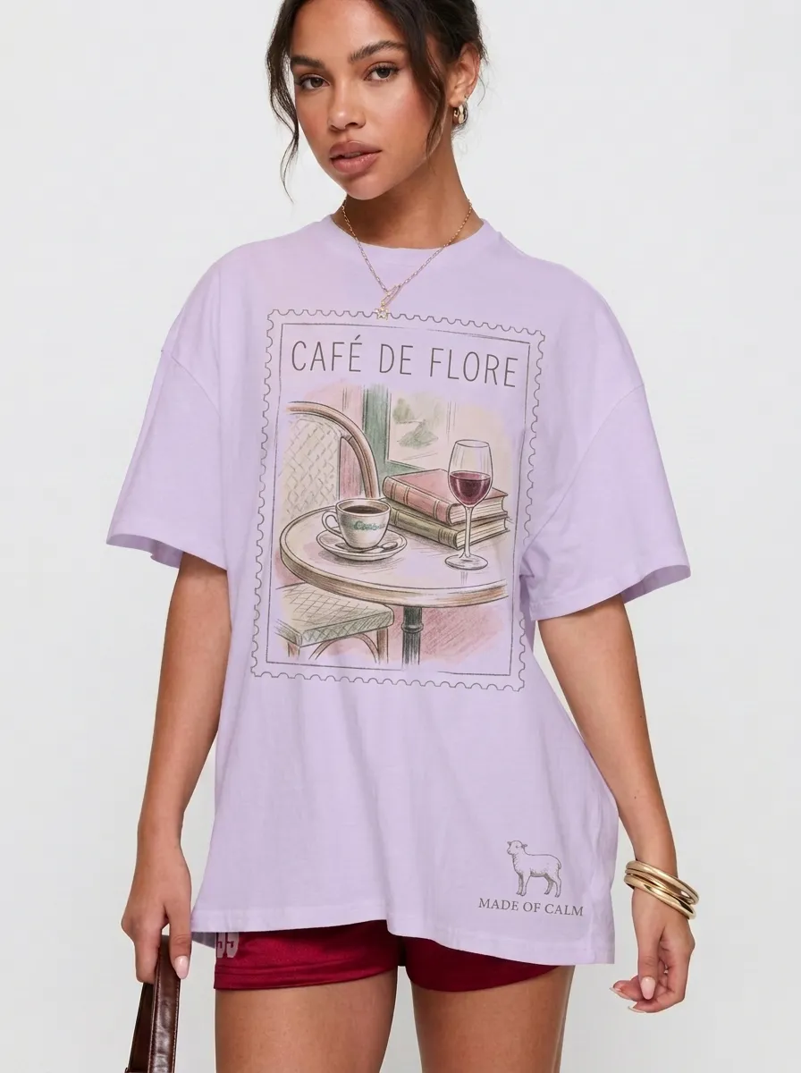 Women's Cafe De Flore Coffee Wine Book Printed T-shirt