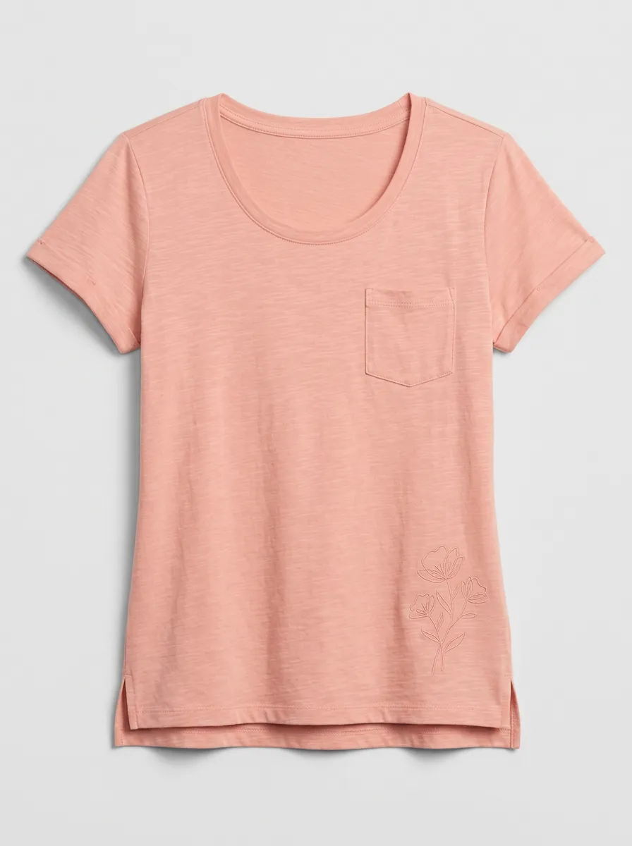 Women's Pink Floral Embroidered Pocket T-shirt