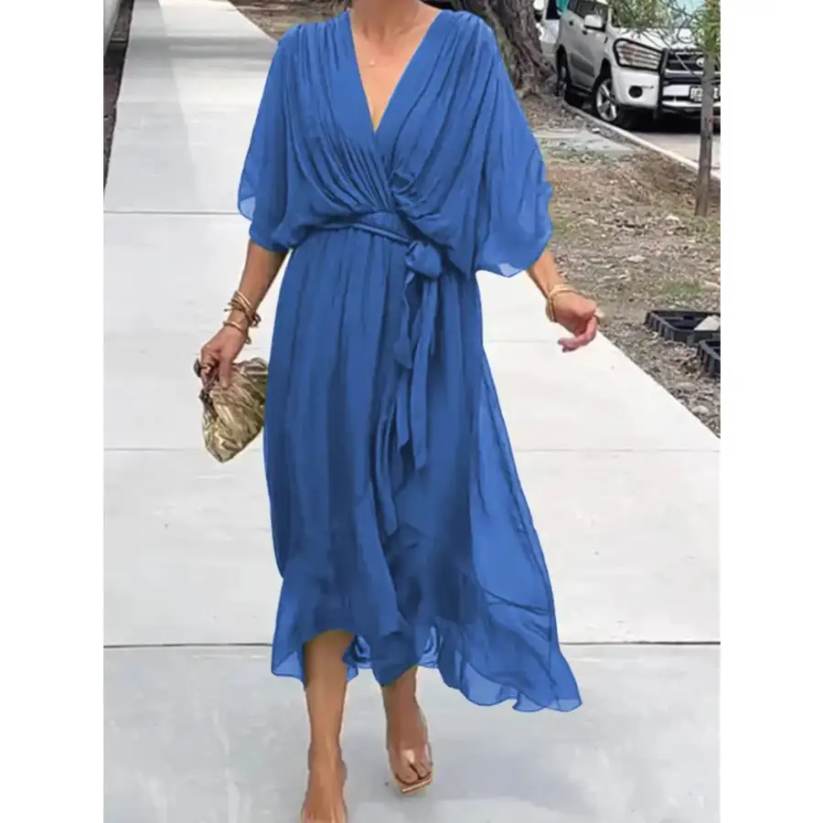 Full Size Flowy Tie Front Midi Dress with Flutter Sleeves Plus Size