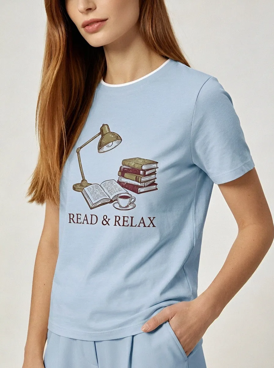 Women's Book Lover Read & Relax Books Lamp Printed T-shirt