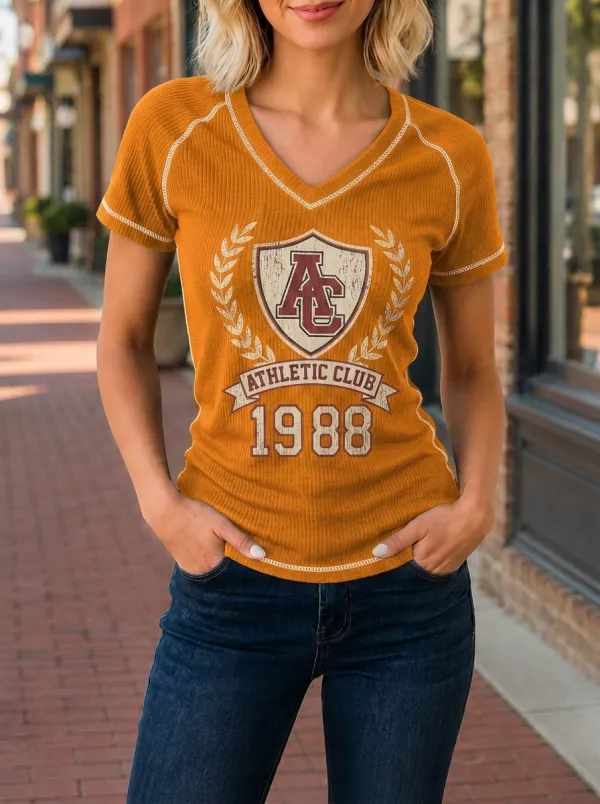 Women's Athletic Club 1988 Vintage Shield Printed V-Neck T-Shirt