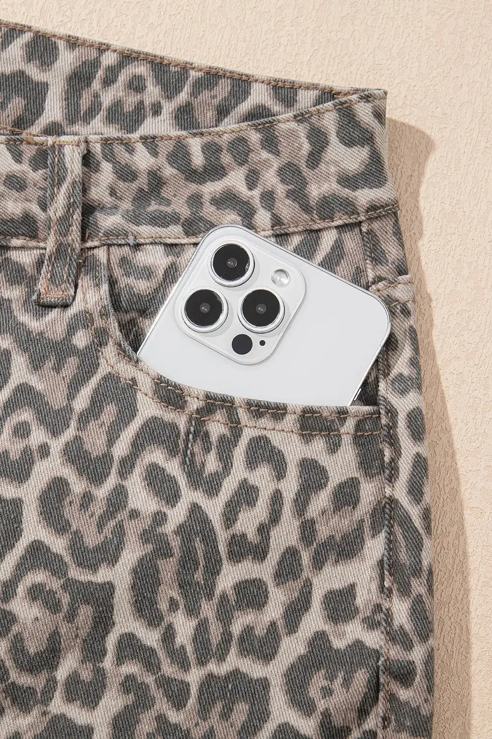 Denim Leopard Print High Rise Wide Leg Jeans