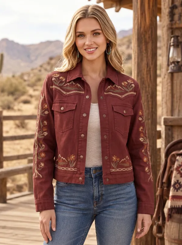 Women's Western Mountain Floral Embroidery Floral Embroidered Denim Jacket