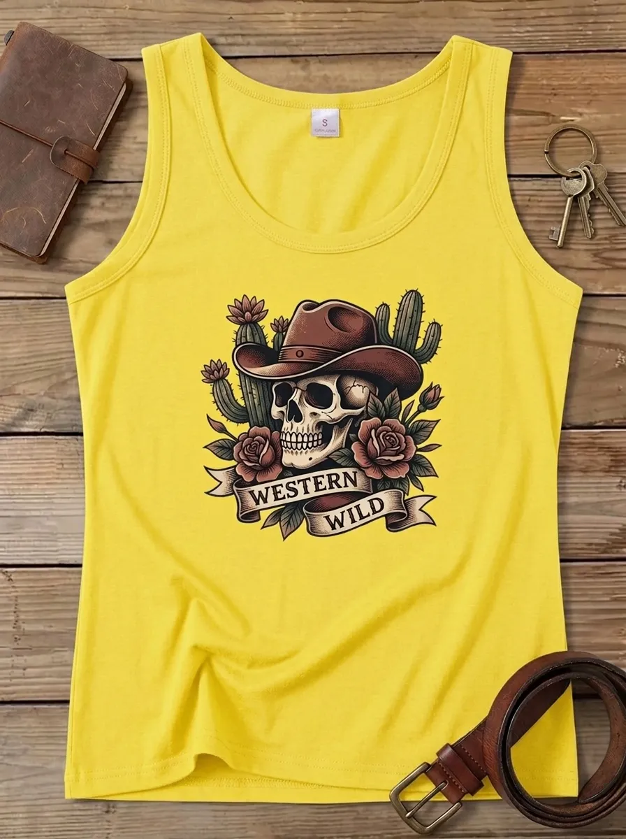 Unisex Western Wild Cowboy Skull Cactus Rose Printed Tank Top