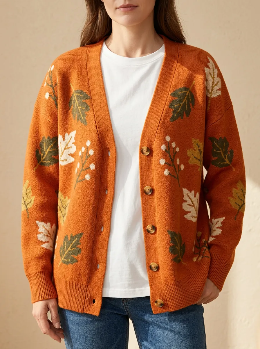 Botanical Profile Maple Leaf Pattern Patterned Women's Knit Cardigan