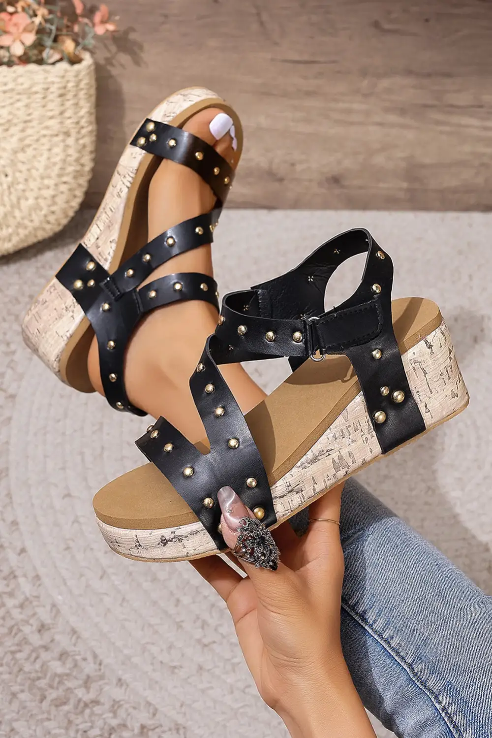 Cutout Leather Wedge Sandals