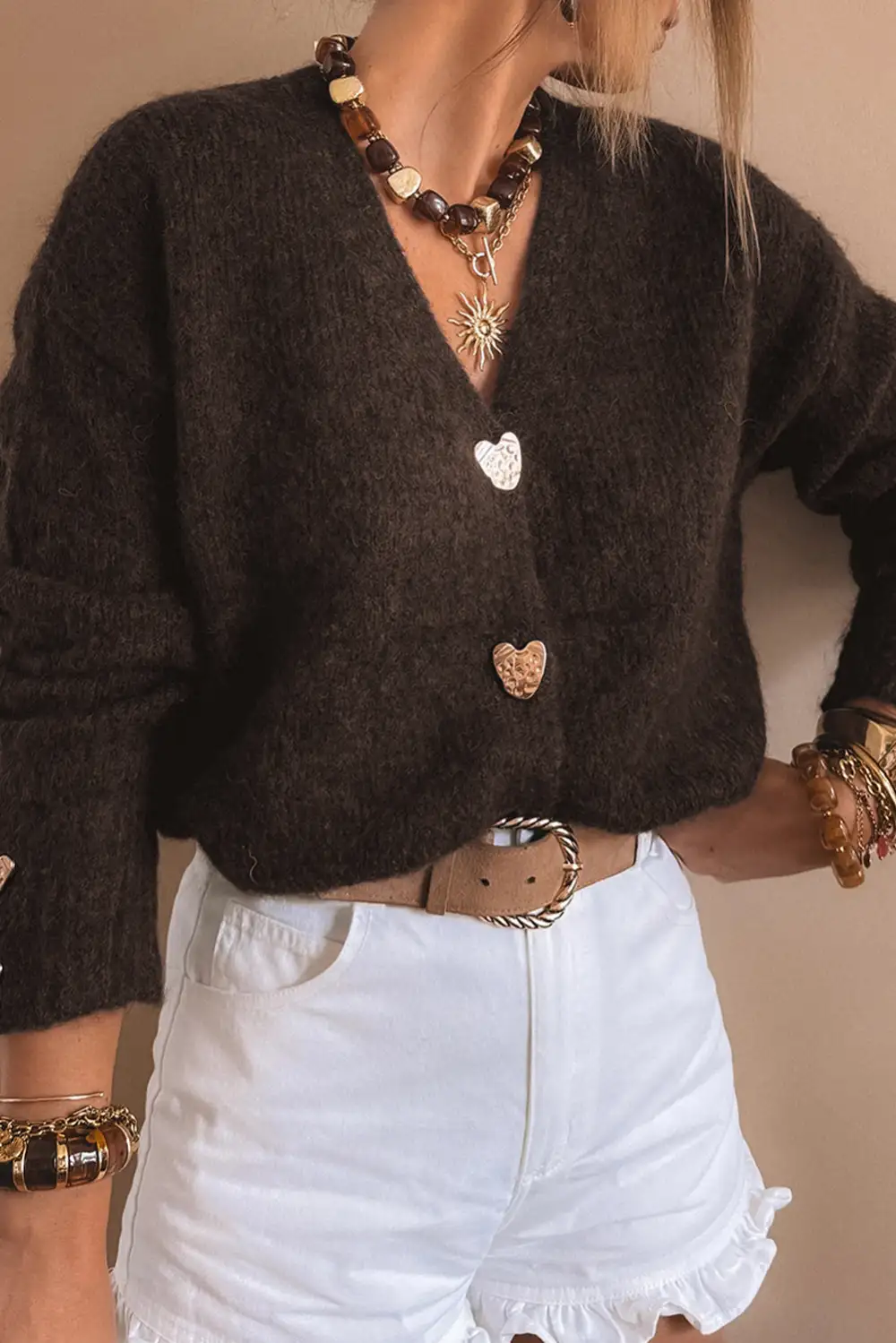 Heart Metal Button V Neck Everyday Layer Cardigan