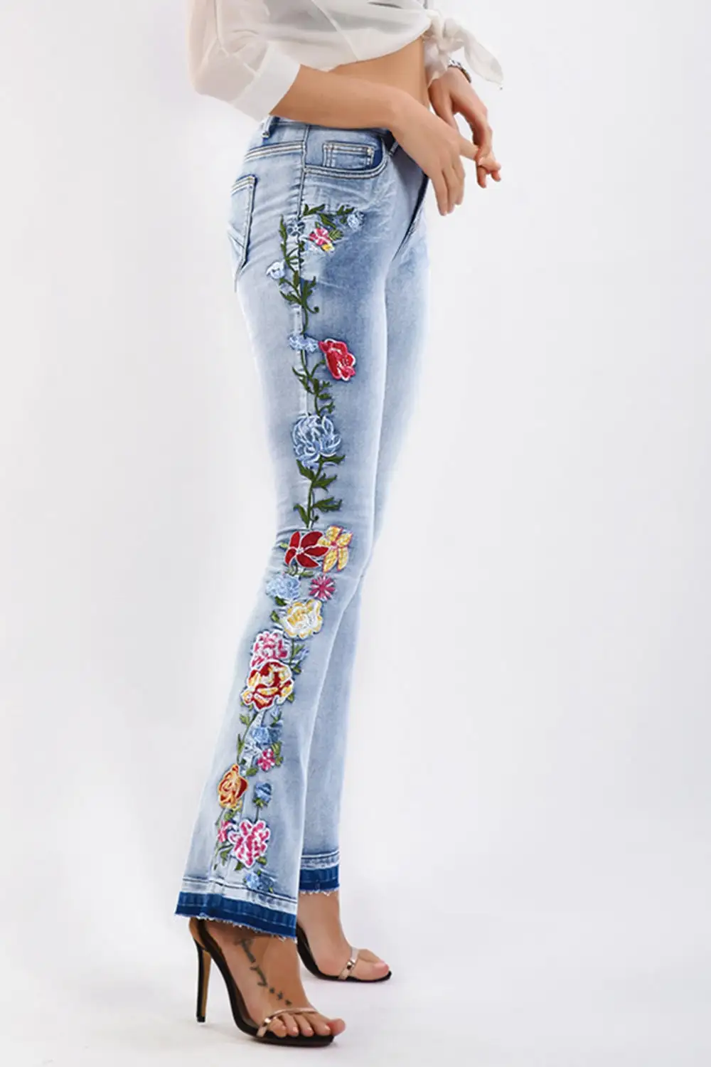 Flower Embroidery Wide Leg Denim Jeans