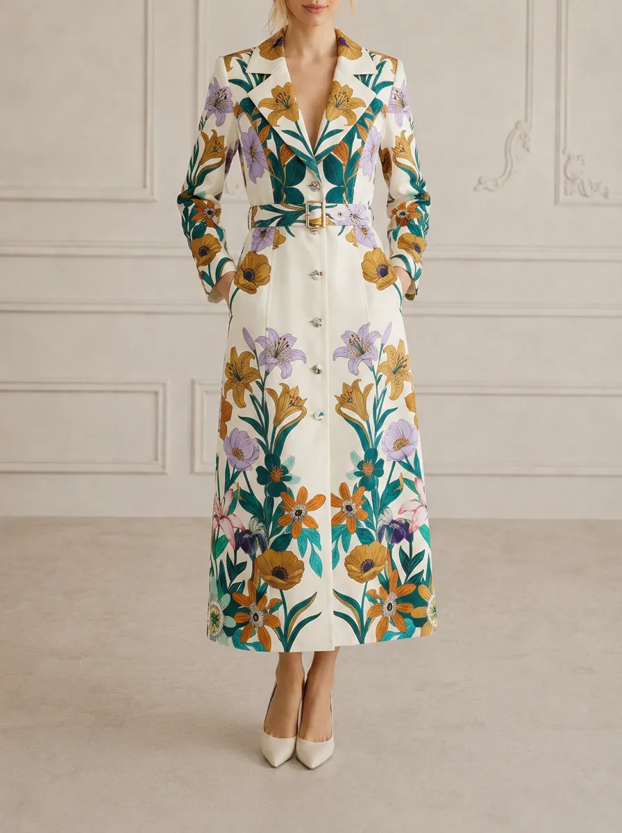 Women's Vintage Floral Lily Botanical Printed Trench Coat