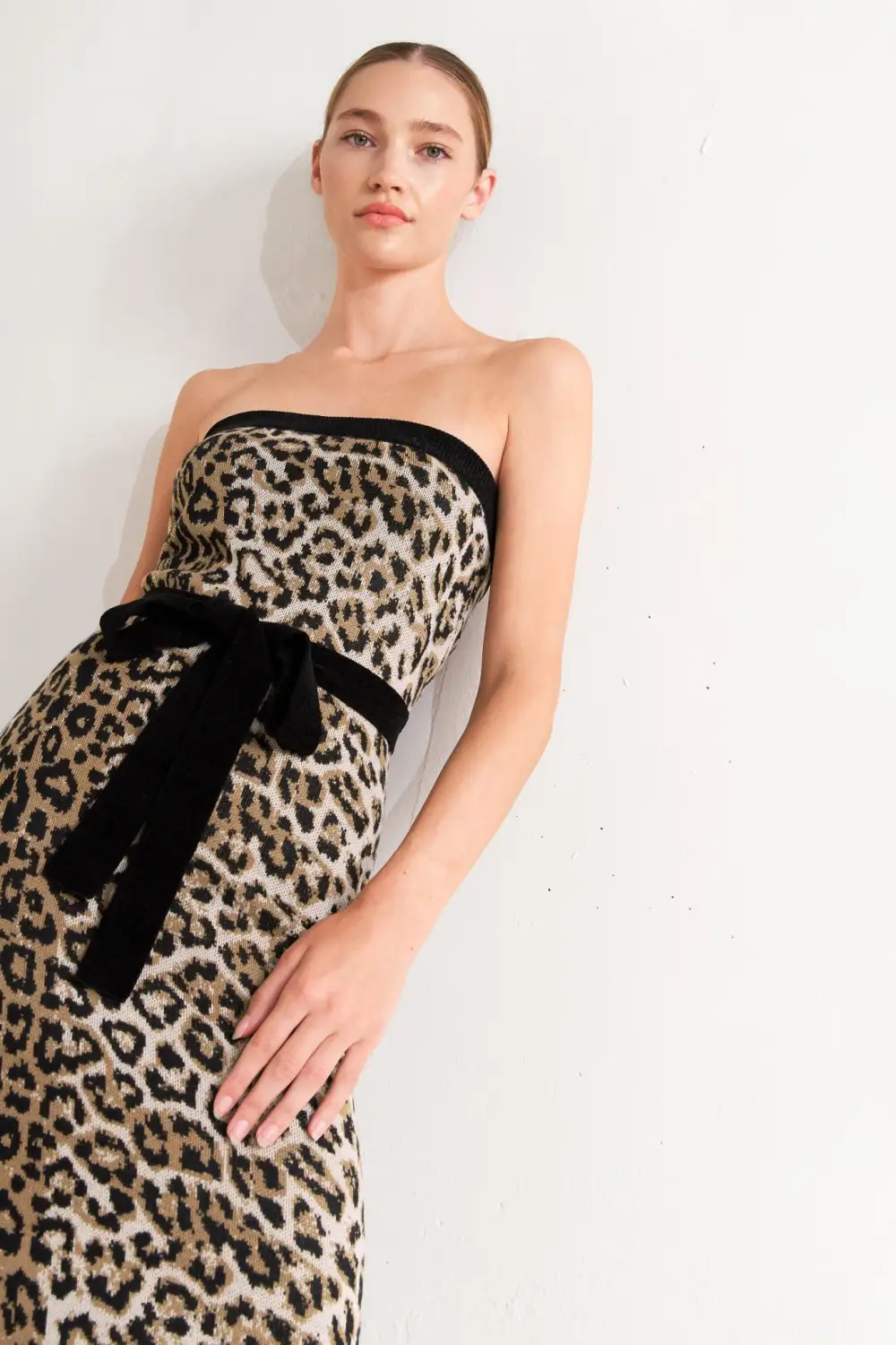 Strapless Knit Leopard-Print Midi Dress